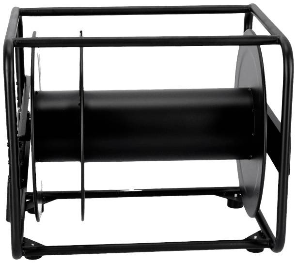 Lege metalen kabeldrumframe, zonder kabel. Het frame is zwart en heeft zijhandvatten voor gemakkelijk transport.