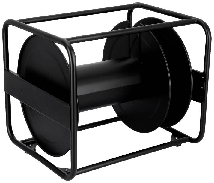 Zwarte metalen kabeldrumhaspel in rechthoekig frame, leeg, gemaakt van staal, voor opslag of oprollen van kabels.