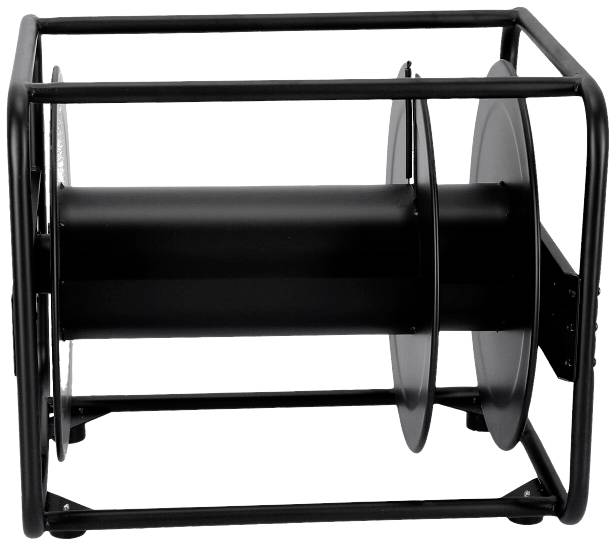 'Een zwarte kabeldrumframe met twee schijven, geschikt voor het oprollen van lange kabels, bevindt zich in een rechthoekig metalen frame.'