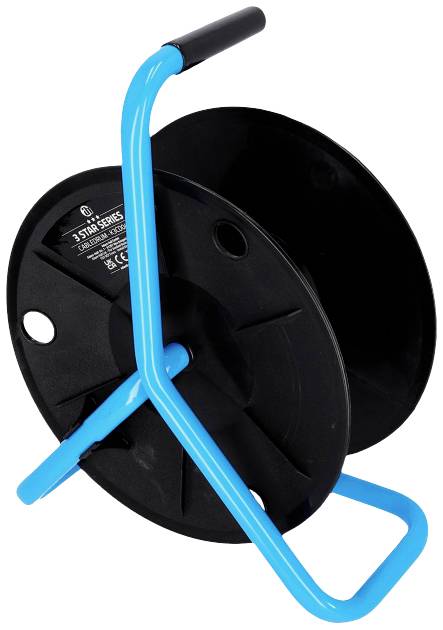 Zwarte kabeldrumstandaard met blauwe handgreep en frame, zonder kabel.