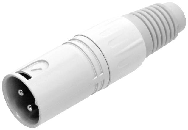 Een witte XLR-stekker met drie metalen pinnen en een geribbelde greep, typisch gebruikt voor audiokabelaansluitingen.