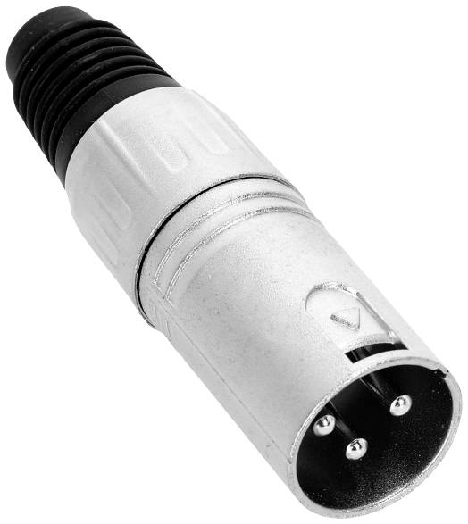 XLR-connector in zilverkleurige metalen afwerking, onderdeel van een audiokabel, aan de voorkant voorzien van drie pinnen.
