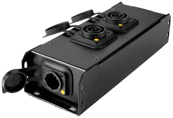 Een zwart elektrisch stopcontactmodule met meerdere aansluitingen en afdekplaten. Geschikt voor stroomverdeling op kantoren.