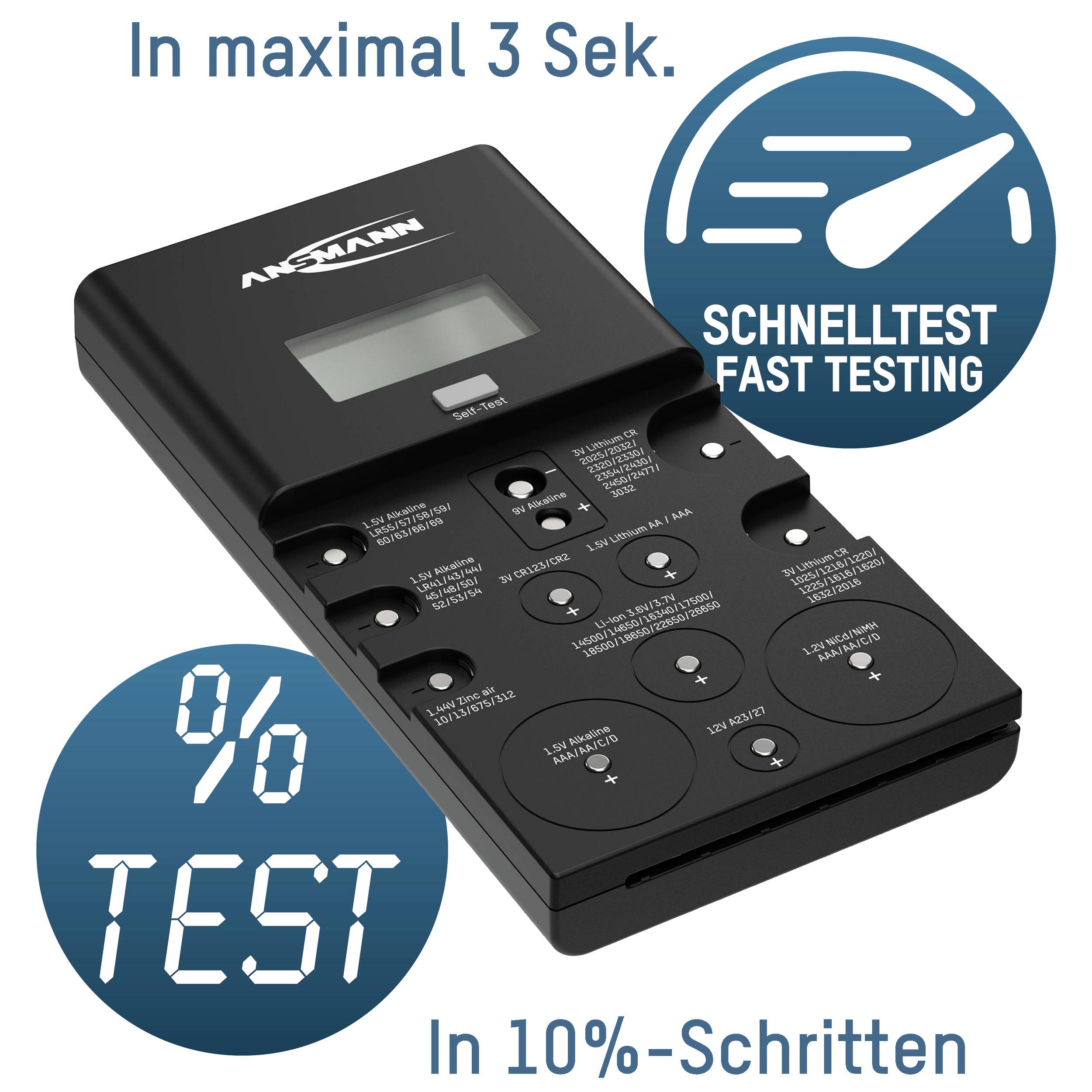 Een batterijtest-apparaat toont een display en zes ronde testgebieden. Tekst zegt 'Maximaal 3 sec. Sneltest Fast Testing' en 'In stappen van 10%'.