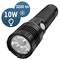 Zwarte zaklamp met drie LED-lampen, vermogen van 10W en helderheid van 3200 lumen. Symbool voor lichtsterkte in de hoek.