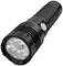 Zwarte zaklamp met drie LED-lampjes, zijdelingse knoopbediening en geribbelde handgreep.