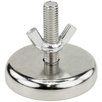 Een ronde metalen voet met vleugelmoer en draadstang, voor hoogteaanpassing van meubels of apparaten.