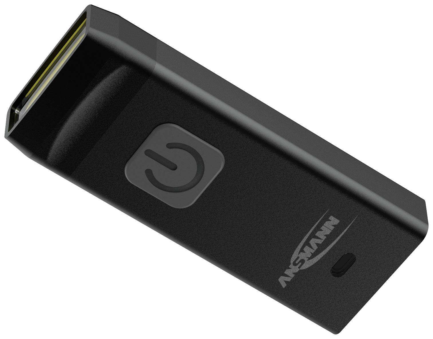 Een zwart, rechthoekig USB-oplaadapparaat met een aan-uit-schakelaar-symbool op de voorkant.