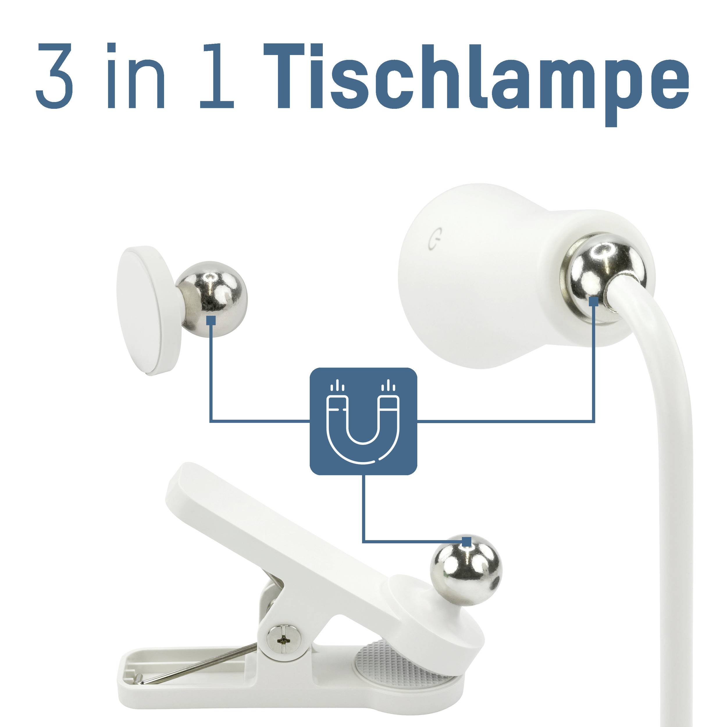 '3-in-1 bureaulamp' met magneten en klemmen, die mogelijkheden bieden voor flexibele bevestiging.