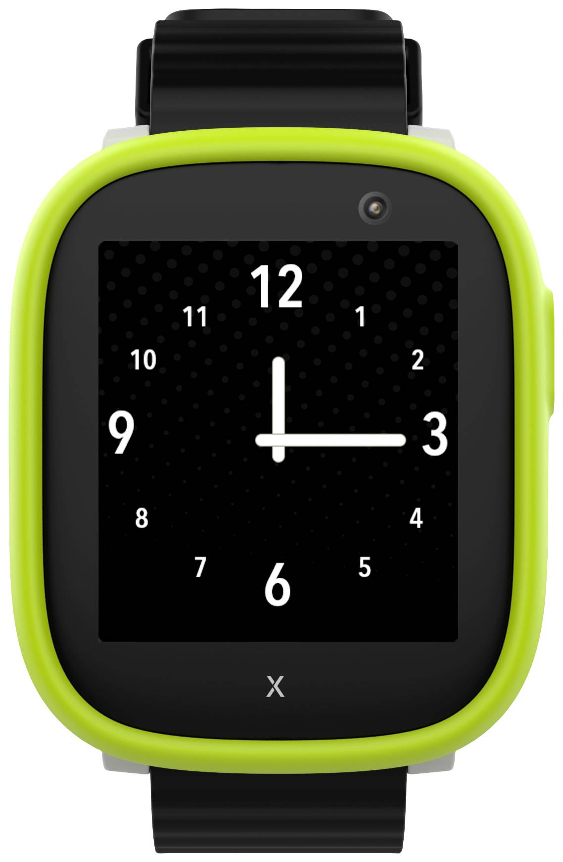 Digitaal horloge met een zwart display en witte wijzers. De tijd is 10:09 uur. De behuizing heeft een felgroene rand.