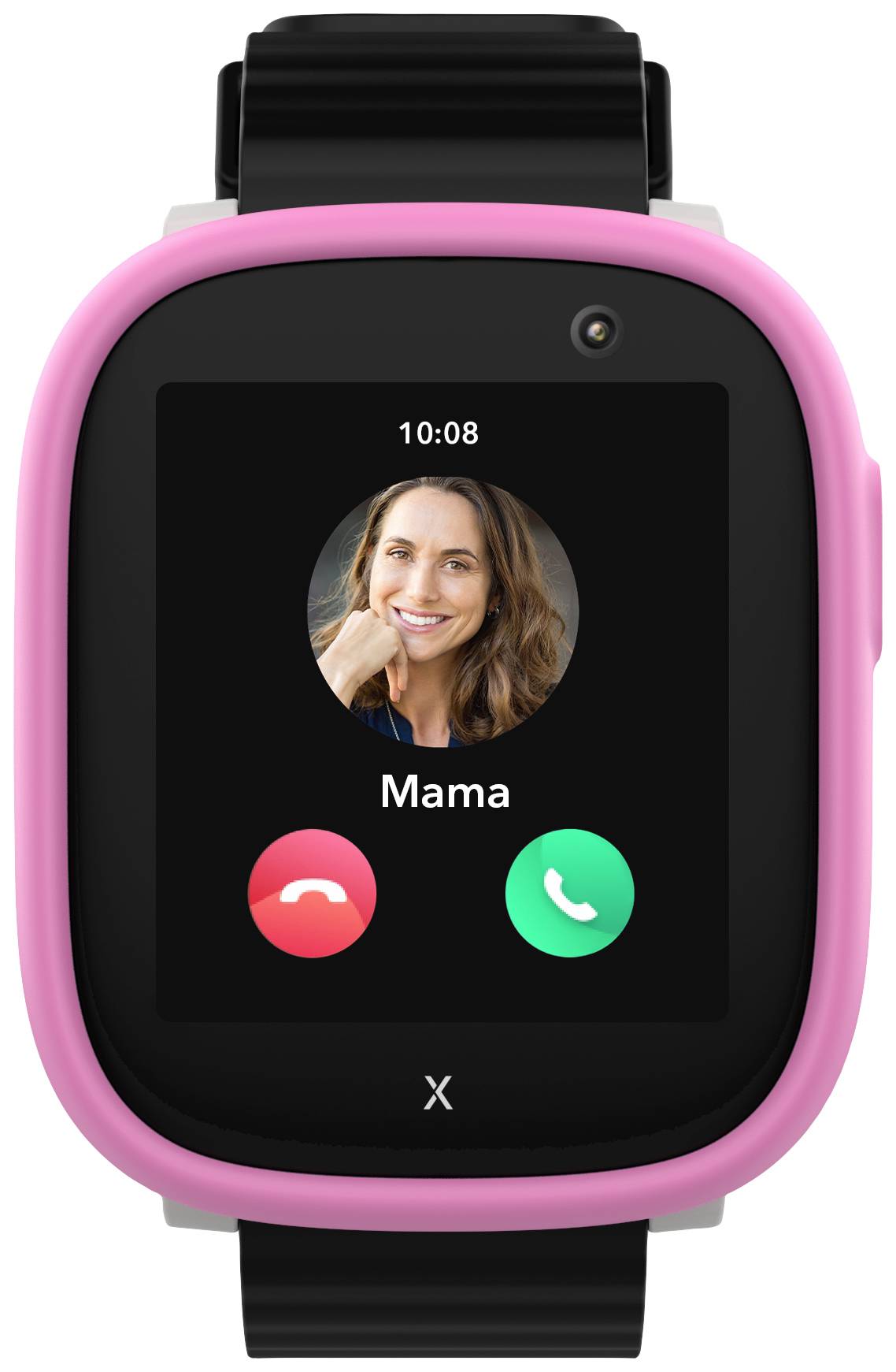 Een smartwatch met een oproepscherm. Een oproep van 'Mama' wordt weergegeven, met opties om aan te nemen of af te wijzen.