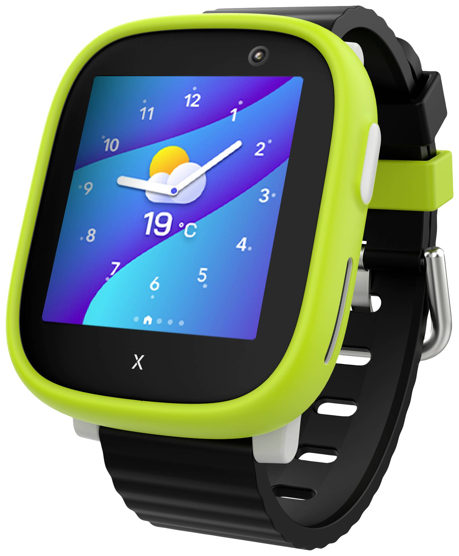 Groene smartwatch met zwarte polsband, toont tijd 10:12, datum en temperatuur 19°C op het scherm.