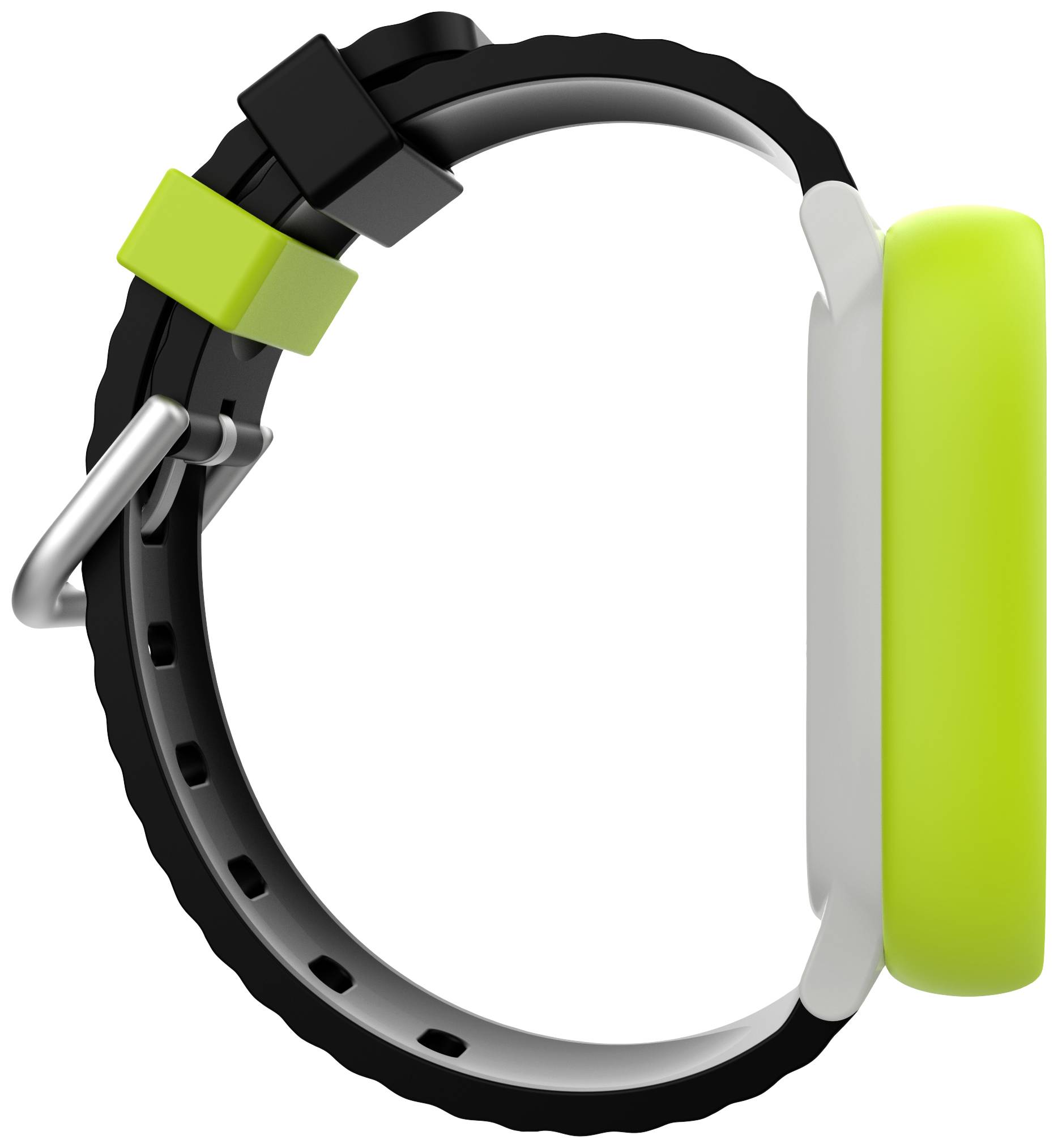 Slimhorloge met een groen behuizing, zwarte polsband en groene en zwarte gespen, zijaanzicht.