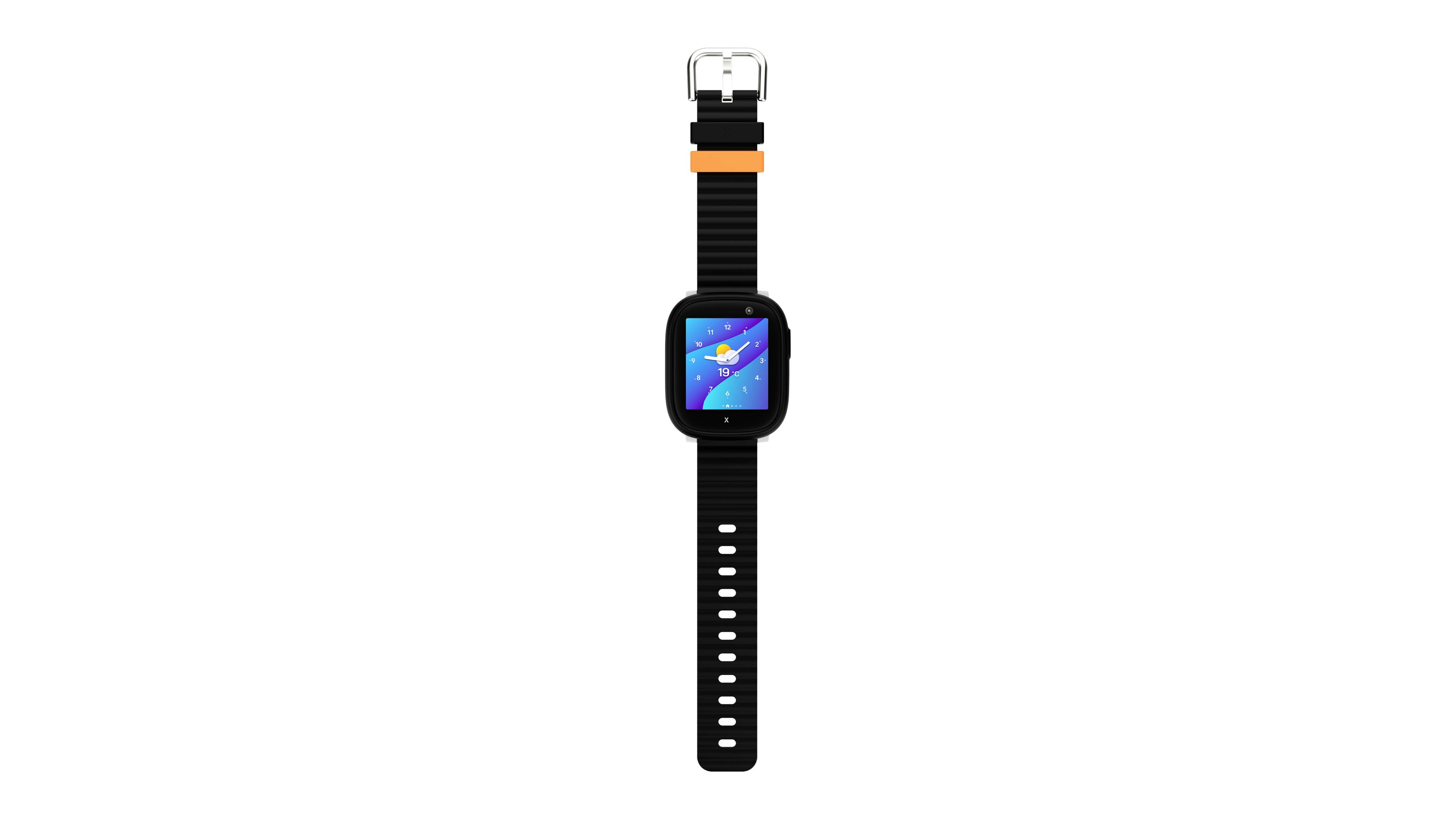 Zwarte smartwatch met een vierkant display waarop een geanimeerd ruimteontwerp te zien is. Hij heeft een verstelbare polsband.