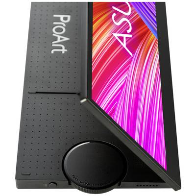 Een slanke, zwarte monitor van ASUS met een helder display, waarop het woord 'ProArt' aan de zijkant staat.