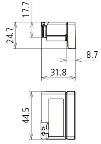Tekening van een technisch onderdeel met afmetingen: hoogte 24,7 mm, breedte 31,8 mm, diepte 8,7 mm, tweede hoogte 44,5 mm, tweede breedte 17,7 mm.