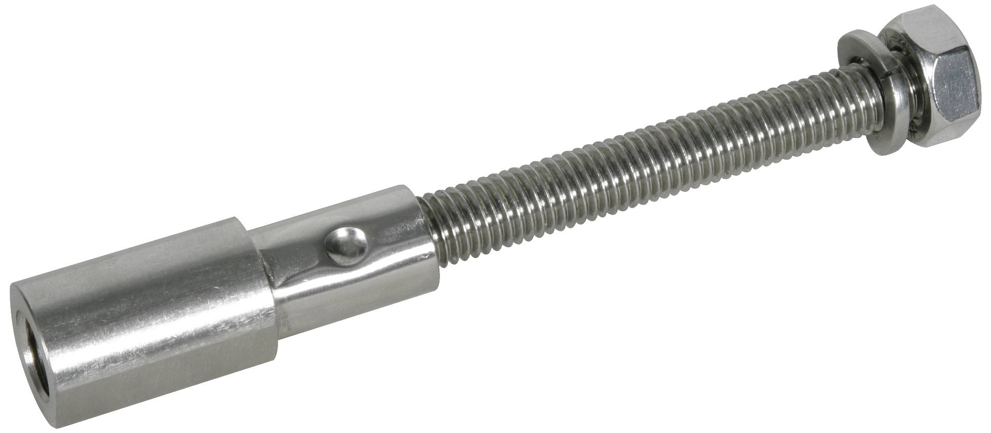Metalen schroef met vaste bout en moer, geschikt voor machinebouwtoepassingen. De schroef is lang en heeft een schroefdraad.