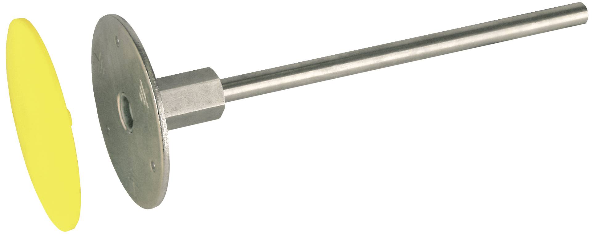 Metalen bevestiging met een lange stang en een gele, ronde kunststof dop. Wordt gebruikt om aan oppervlakken te bevestigen.
