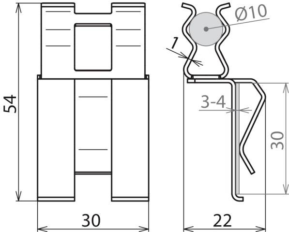 Tekening van een metalen clip met afmetingen: 54 mm hoogte, 30 mm breedte aan de voorkant, 22 mm breedte aan de zijkant. Detail voor bevestiging.