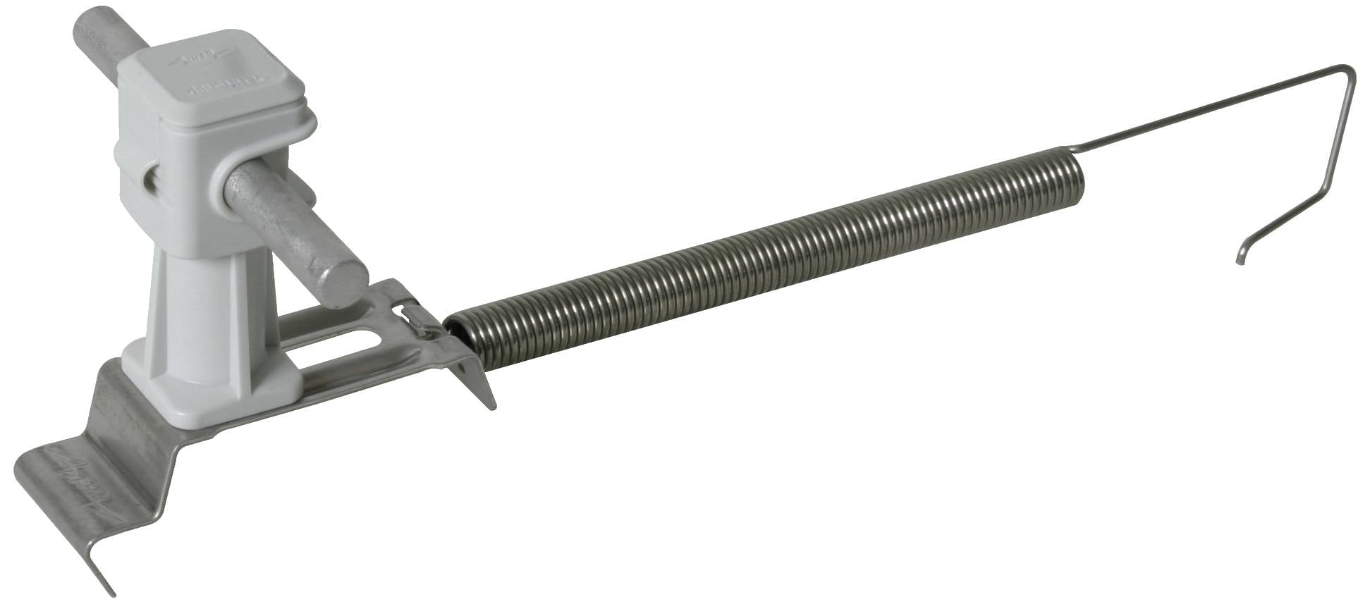 Metalen veer met haak en kunststof bevestigingselement, waarschijnlijk onderdeel van een mechanisch apparaat of gereedschap.