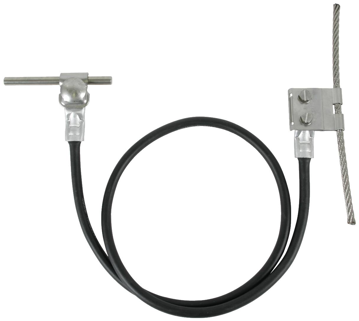Metalen luskabel met twee bevestigingsuiteinden, één met een gewrichtsstuk, het andere met een T-vormige klem en staalkabel.