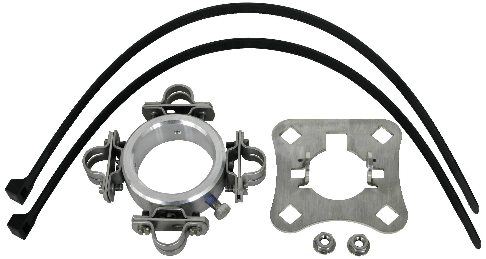 Metalen bevestigingsset met twee kabelbinders. Bevat een ronde en een platte metalen houder, evenals verschillende bevestigingsklemmen.