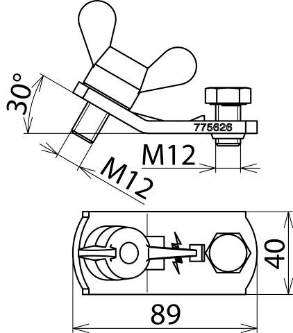 Technische tekening van een vleugelschroef-element met afmetingen: 40 mm hoogte, 89 mm breedte, M12-schroefdraad. Hoek van 30 graden aangegeven.