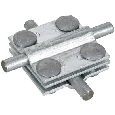 Metalen verbindingselementen, bestaande uit twee bovenop elkaar liggende platen met vier schroeven, die twee verticale stangen bij elkaar houden.