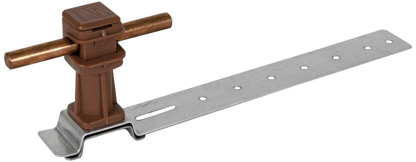 Bruine bliksembeveiligings-afstandhouder van kunststof met metalen strip voor bevestiging aan een koperkabel.