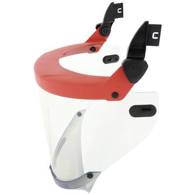 Beschermschild met rode rand en helder vizier, geschikt voor bevestiging aan helmen, biedt gezichtsbescherming in werkomgevingen.