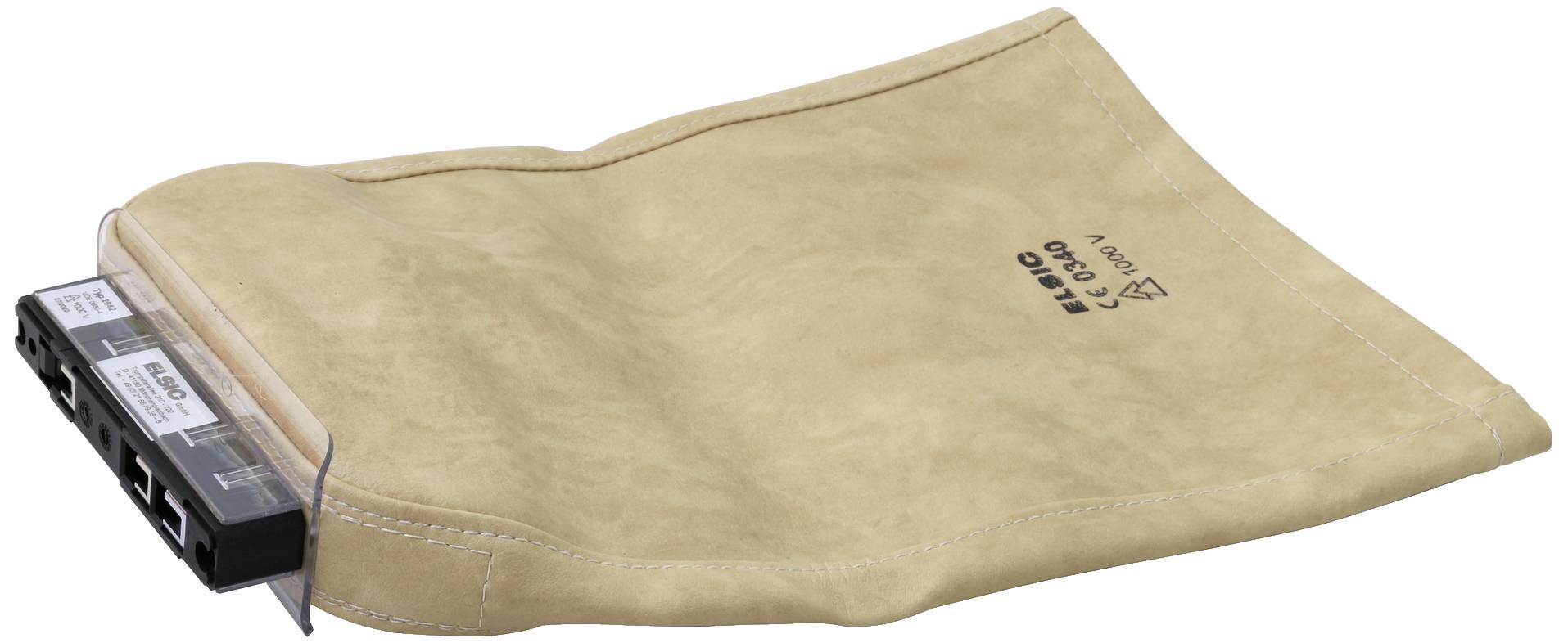 Een beige, flexibele zak met een zwarte, rechthoekige technische aansluiting. Op de zak staat: '0401 2'.
