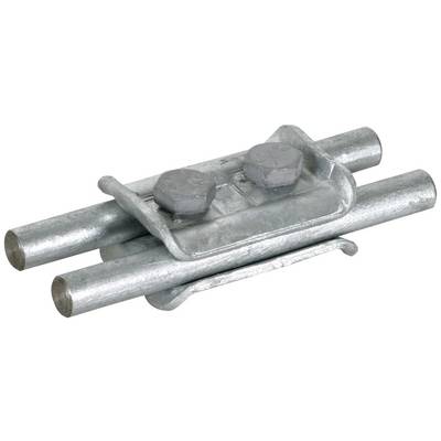 Twee parallelle metalen staven zijn verbonden met een klem die met twee schroeven is bevestigd.