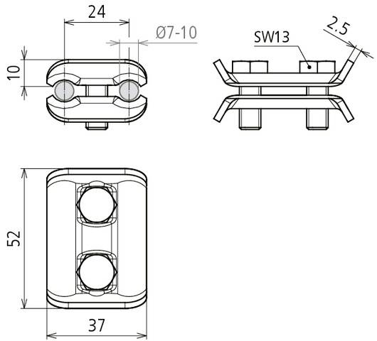 Technische tekening van een klemmsysteem met afmetingen: 52x37 mm, hoogte 24 mm, geschikt voor diameter 7-10 mm, SW13 sleutel.