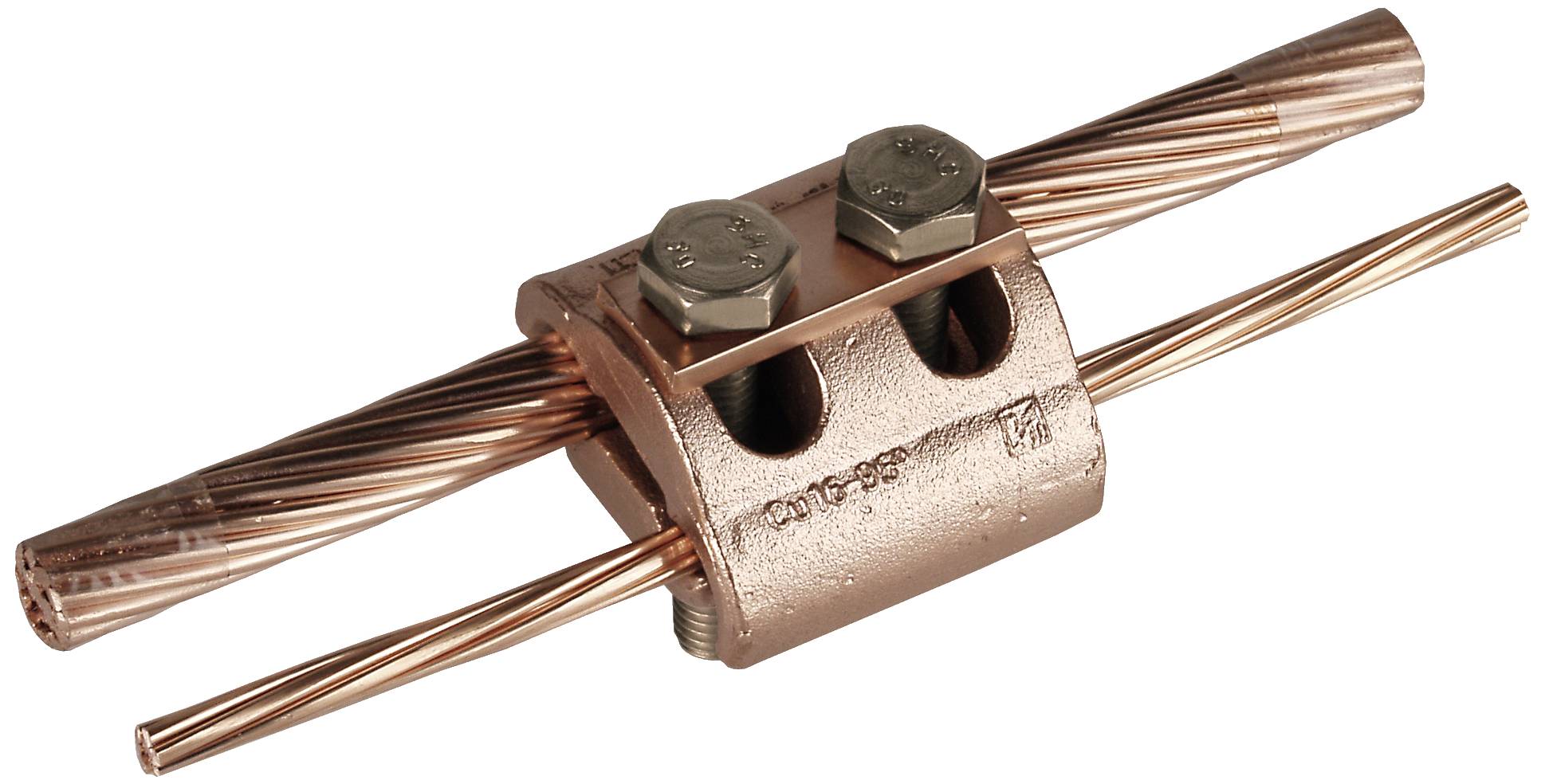 Metalen verbindingsstuk voor meerdere koperen draden, vastgezet door twee schroeven. Wordt gebruikt voor elektrische verbindingen.