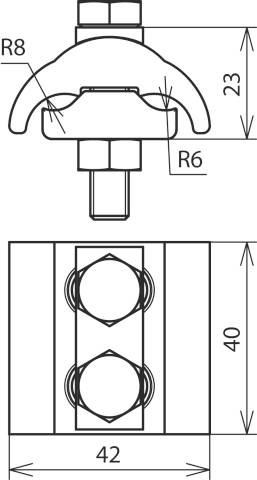 Technische tekening van een mechanisch onderdeel met afmetingen: 42 mm breed, 40 mm hoog. Gemarkeerd zijn straal R6 en R8.