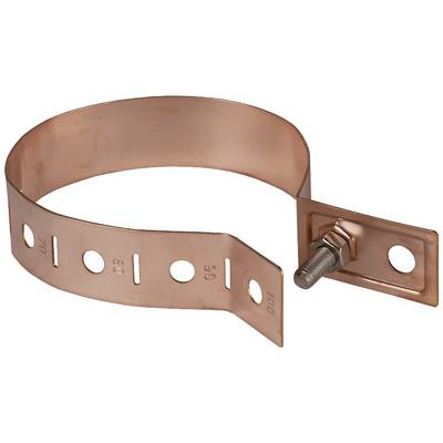 Een koperen band met gaten en een schroefverbinding, geschikt voor bevestiging of aarding in elektrische installaties.