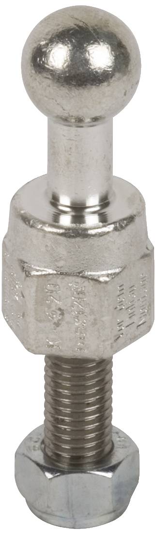 Metalen schroef met een ronde bol aan de bovenkant en een zeskant aan de onderkant. Hij is zilverkleurig en heeft een schroefdraad.
