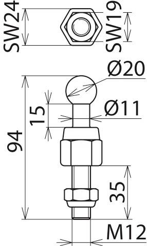 Technische tekening van een bout met kogelkop, M12-schroefdraad, totale lengte 94 mm, kogeldoorsnede 20 mm, sleutelbreedtes SW24 en SW19.