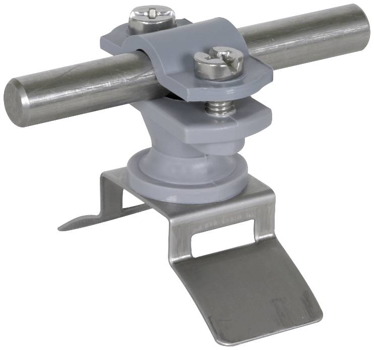Metalen beugel met steun, bestaande uit een horizontale staaf en twee vastgeschroefde klemmen, gemonteerd op een voet.