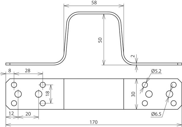 Technische tekening van een metalen hoek met afmetingen: lengte 170, breedte 58, hoogte 50 mm. Gaten met diameters Ø5,2 en Ø6,5 mm.