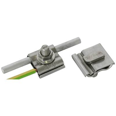 Metalen aarding- en verbindingsklem met schroefbevestiging en verwijderbare afdekking, geschikt voor kabelvastmaking.