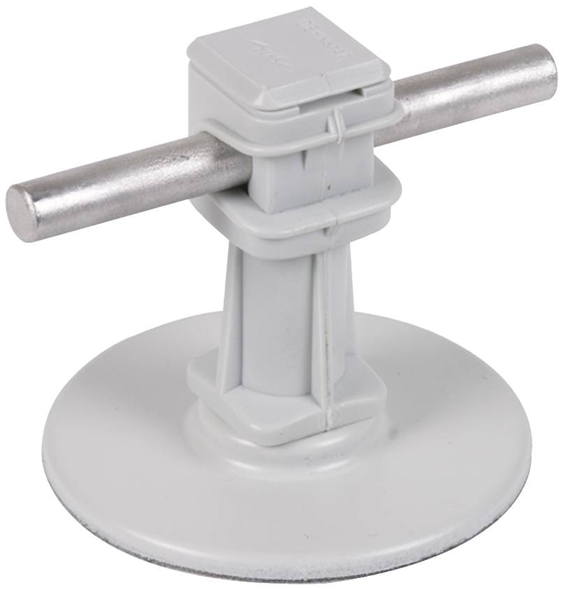 Een witte ronde basis met een verticale rechthoekige standaard die een horizontale metalen stang vasthoudt.