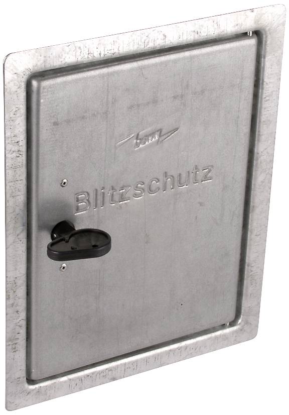 Metalen kast met gravure 'Bliksembeveiliging', logo en zwarte draaiknop in het midden.