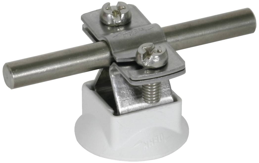 Een metalen houder met twee schroeven op een witte basis. Geschikt voor de ondersteuning of bevestiging van stangen of buizen.