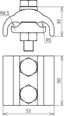 Technische tekening van een schelpbevestiging met afmetingen: breedte 52 mm, hoogte 50 mm, straal R5 en R8,5 aan de bovenzijde.