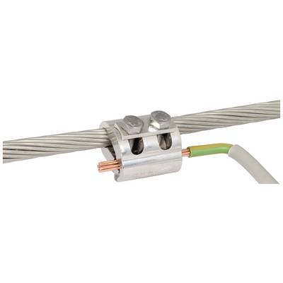Metalen klem verbindt een dikker zilveren kabel met een dunner, meeraderig koperkabel met geel-groene isolatie.