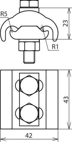 Technische tekening van een metalen klem met afmetingen: hoogte 43 mm, breedte 42 mm, straal R1 en R5 aangegeven.
