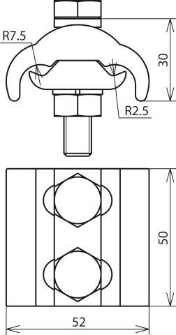 Technische tekening van een mechanisch onderdeel met afmetingen: 52 mm breedte, 50 mm hoogte. Stralen R2.5 en R7.5 weergegeven.