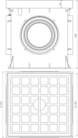 Technische tekening van een rechthoekig ventilatierooster met een ronde aansluiting en een roosterpatroon; afmetingen en maten aangegeven.