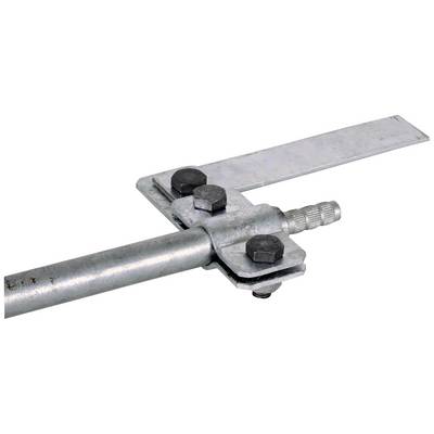 Metalen buisverbinding met schroeven voor het bevestigen van vangrails of vergelijkbare constructies.